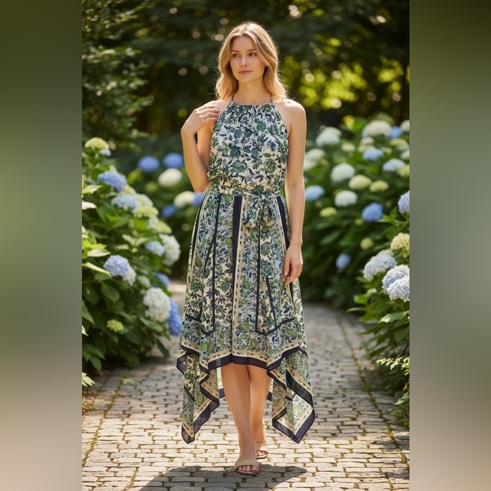 Laura A Floral High Low Dress in Green and White - Size 14